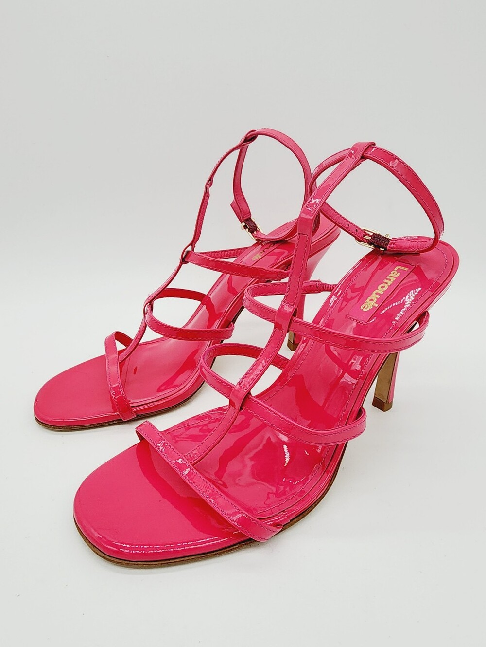Larroude Serena Hot Pink Patent Leather Strappy Sandals Defect Size 8.5